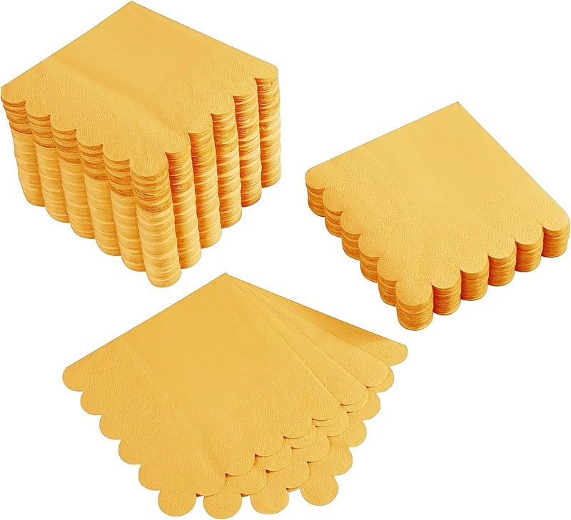 BEFORYOU 200 Pack Cocktail Napkin 2-Ply Scalloped Edged Dessert Napkins Folded 5 x 5 Inches Disposable Napkins for Dinner Wedding Birthday Party Bridal Anniversary Reception Event (Yellow) - Image 1